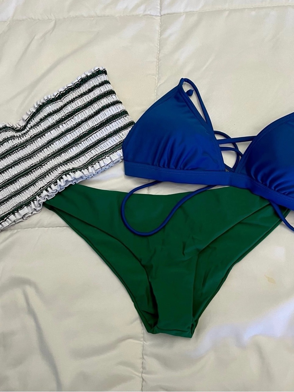 Blue Triangle Bikini Top and Green Bikini Bottom Swim Set